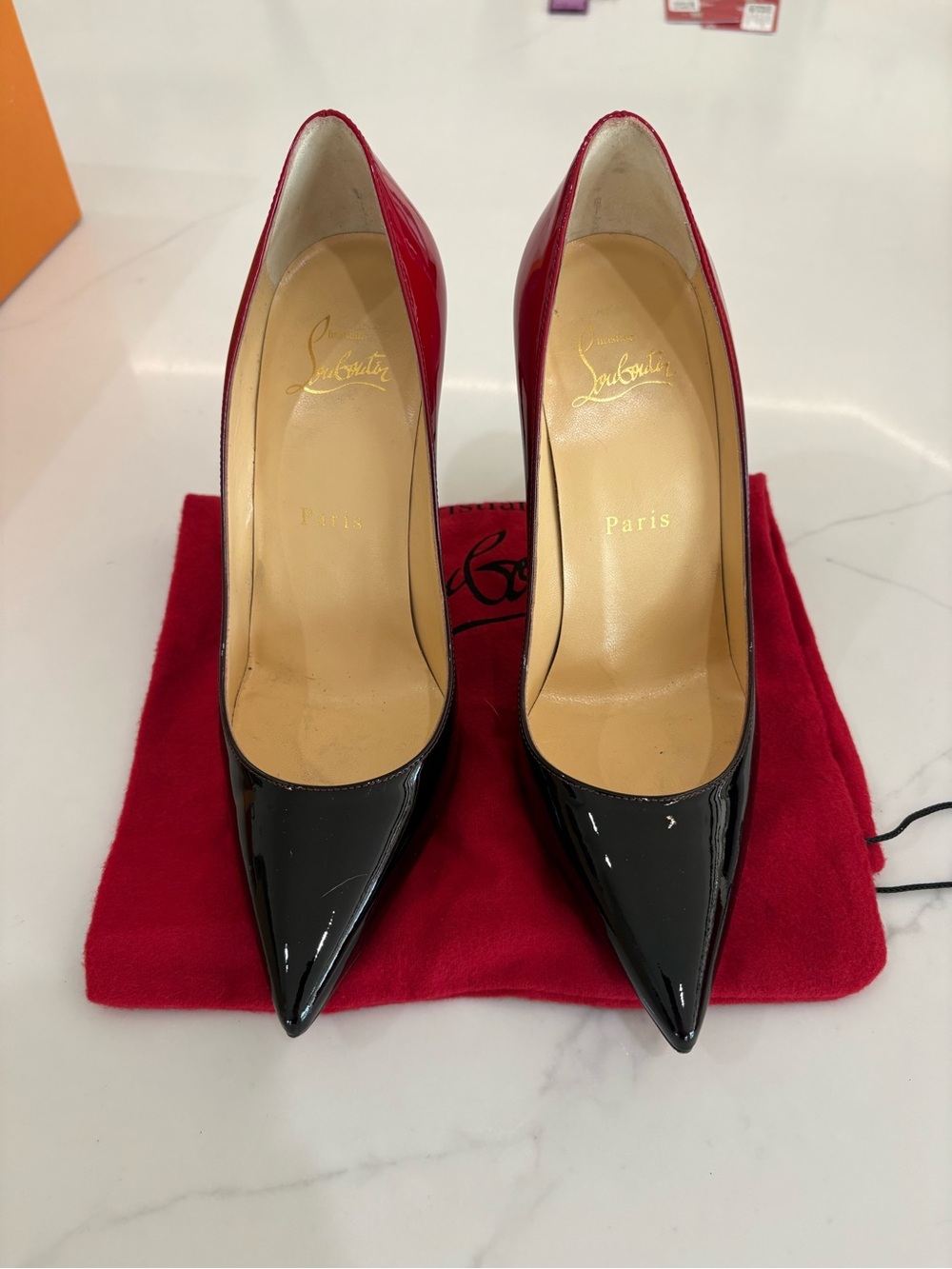 Christian Louboutin Black and Red Patent Leather Pointed-Toe Pumps